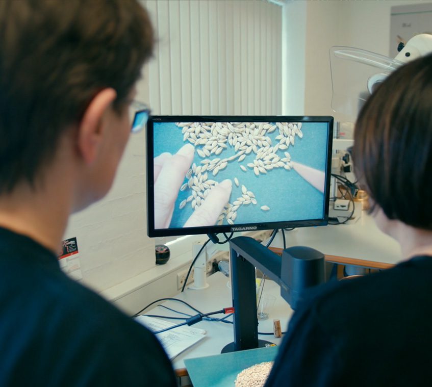 Two female microscope operators using a microscope with a screen to inspect seed samples.